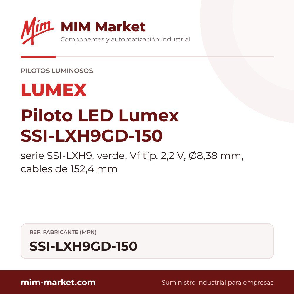 Piloto LED Lumex SSI-LXH9GD-150 – serie SSI-LXH9, verde, Vf típ. 2,2 V, Ø8,38 mm, cables de 152,4 mm