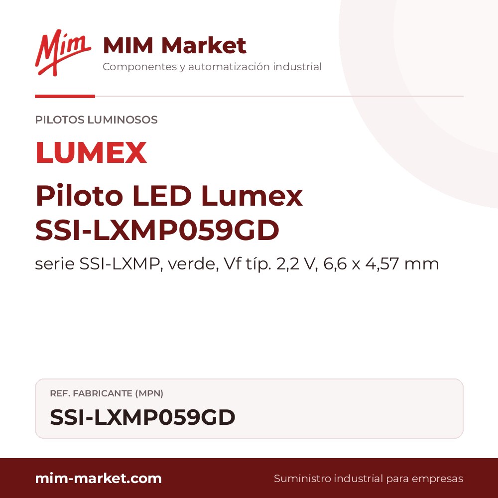 Piloto LED Lumex SSI-LXMP059GD – serie SSI-LXMP, verde, Vf típ. 2,2 V, 6,6 x 4,57 mm