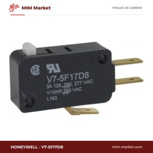 Microrruptor miniatura Honeywell V7-5F17D8 – serie MICRO SWITCH V7, SPDT, 3 A a 125/250/277 V AC, pulsador de pistón, faston 4,75 mm (0,187")