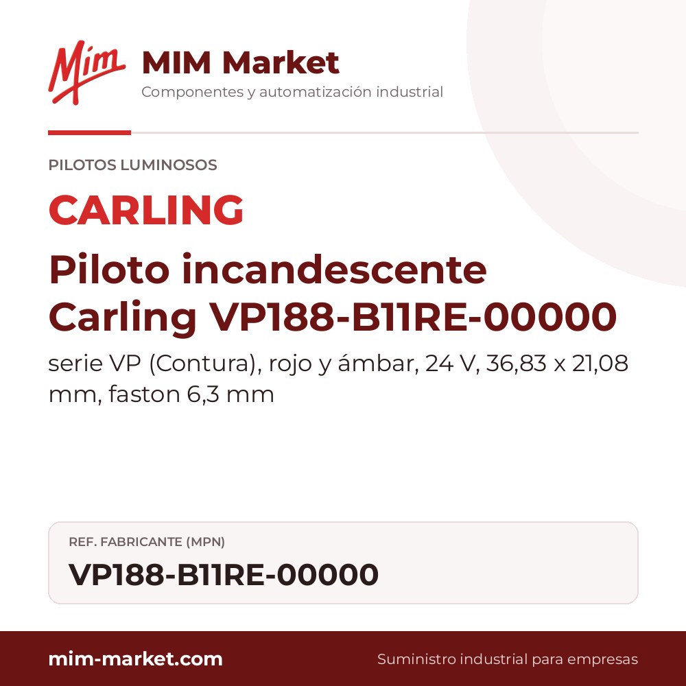 Piloto incandescente Carling VP188-B11RE-00000 – serie VP (Contura), rojo y ámbar, 24 V, 36,83 x 21,08 mm, faston 6,3 mm