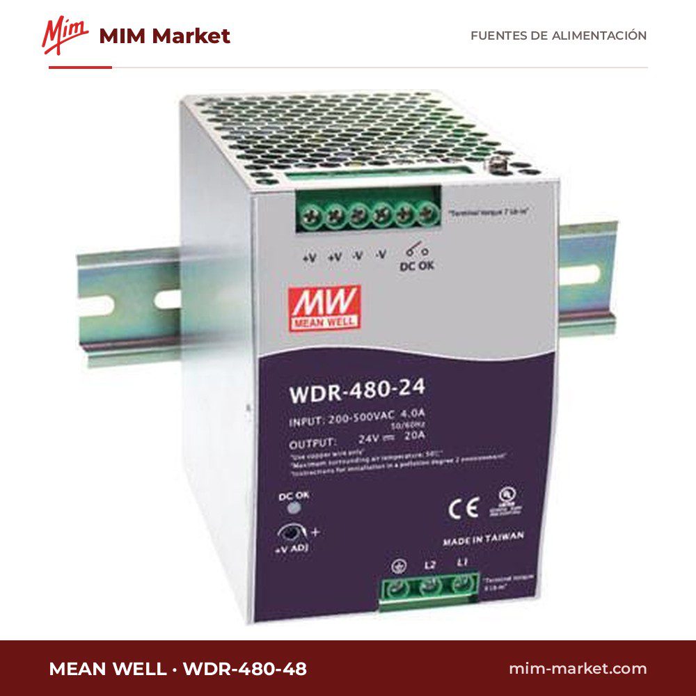 Fuente de alimentación carril DIN MEAN WELL WDR-480-48 – 48 V DC, 10 A, 480 W