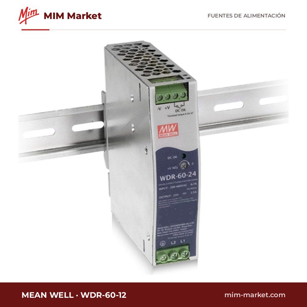 Fuente de alimentación carril DIN MEAN WELL WDR-60-12 – 12 V DC, 5 A, 60 W