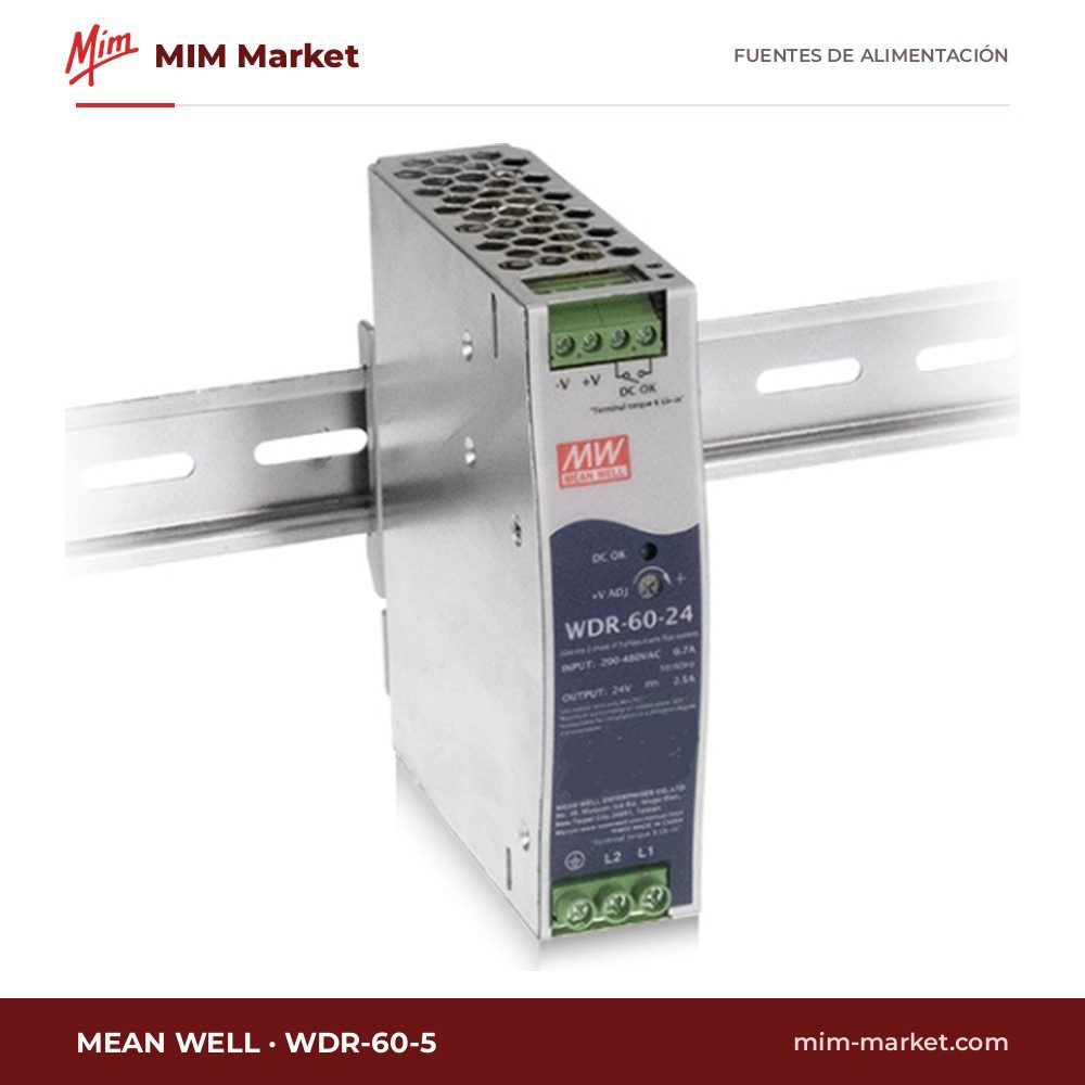 Fuente de alimentación carril DIN MEAN WELL WDR-60-5 – 5 V DC, 10 A, 50 W