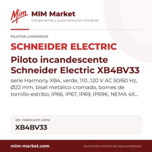 Piloto incandescente Schneider Electric XB4BV33 – serie Harmony XB4, verde, 110…120 V AC 50/60 Hz, Ø22 mm, bisel metálico cromado, bornes de tornillo-estribo, IP66, IP67, IP69, IP69K, NEMA 4X, 13