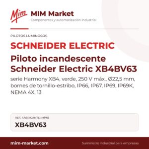 Piloto incandescente Schneider Electric XB4BV63 – serie Harmony XB4, verde, 250 V máx., Ø22,5 mm, bornes de tornillo-estribo, IP66, IP67, IP69, IP69K, NEMA 4X, 13