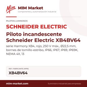 Piloto incandescente Schneider Electric XB4BV64 – serie Harmony XB4, rojo, 250 V máx., Ø22,5 mm, bornes de tornillo-estribo, IP66, IP67, IP69, IP69K, NEMA 4X, 13