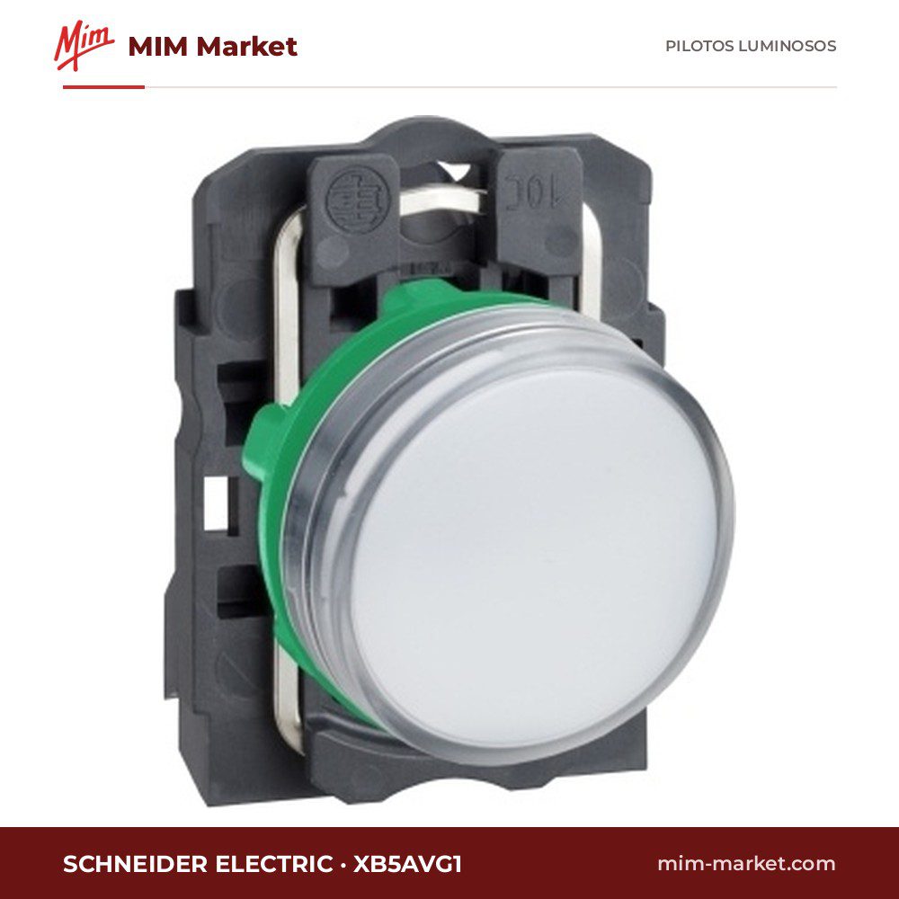 Piloto LED Schneider Electric XB5AVG1 – serie Harmony XB5, blanco, 110…120 V AC, Ø22 mm, bornes de tornillo-estribo, IP66, IP67, IP69, IP69K, NEMA 4X, 13
