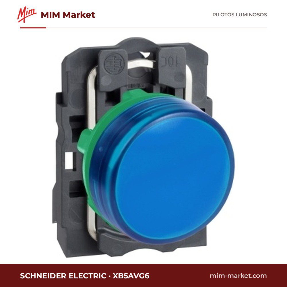 Piloto LED Schneider Electric XB5AVG6 – serie Harmony XB5, azul, 110…120 V AC, Ø22 mm, bornes de tornillo-estribo, IP66, IP67, IP69, IP69K, NEMA 4X, 13