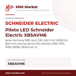 Piloto LED Schneider Electric XB5AVM6 – serie Harmony XB5, azul, 230…240 V AC 50/60 Hz, Ø22 mm, bornes de tornillo-estribo, IP66, IP67, IP69, IP69K, NEMA 4X, 13