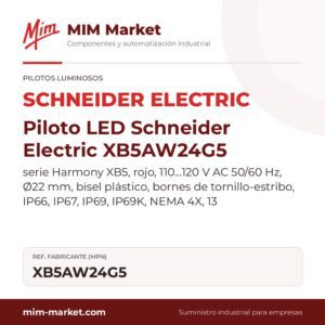 Piloto LED Schneider Electric XB5AW24G5 – serie Harmony XB5, rojo, 110…120 V AC 50/60 Hz, Ø22 mm, bisel plástico, bornes de tornillo-estribo, IP66, IP67, IP69, IP69K, NEMA 4X, 13