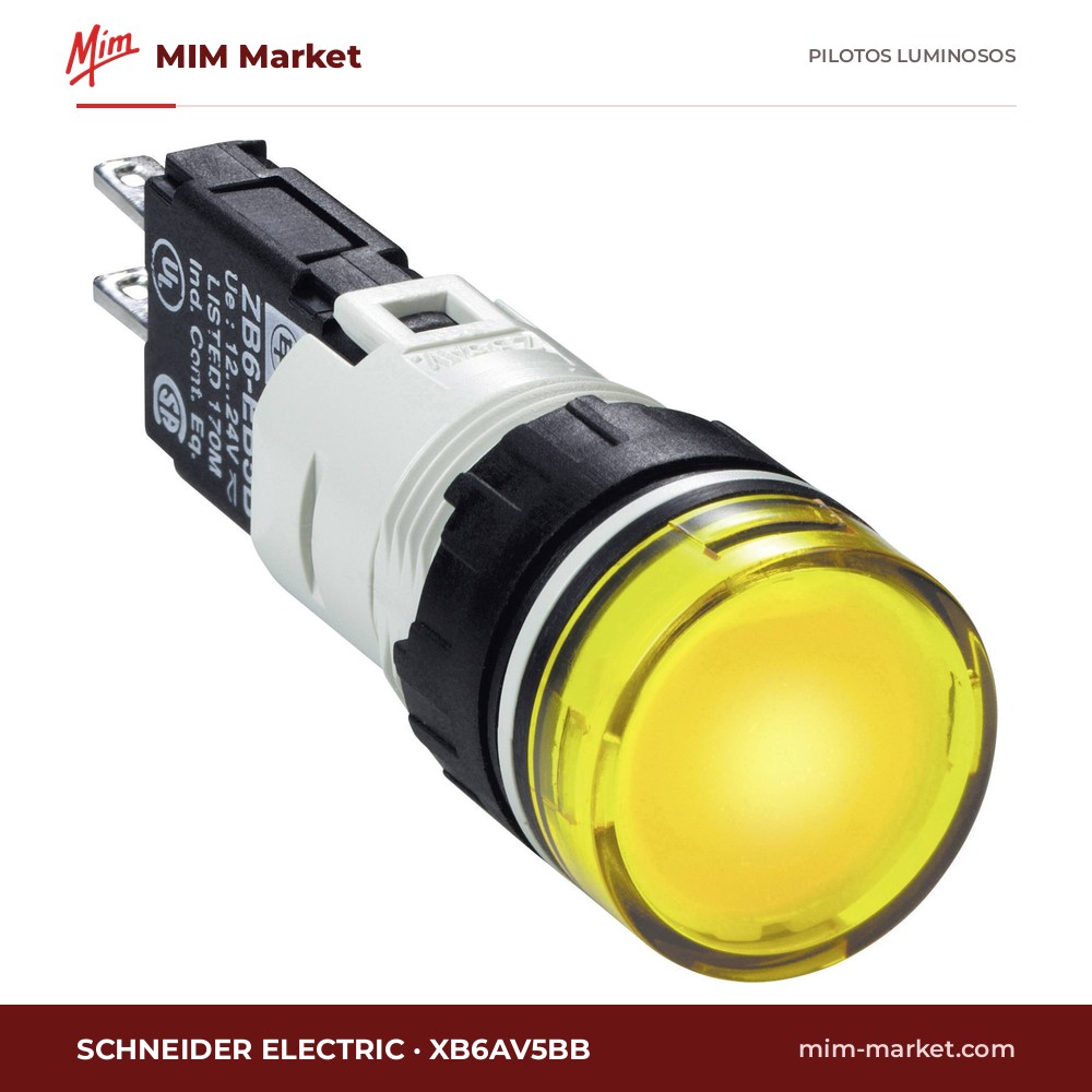 Piloto LED Schneider Electric XB6AV5BB – serie Harmony XB6, amarillo, 12…24 V AC/DC, Ø16 mm, faston 2,8 x 0,5 mm, IP65