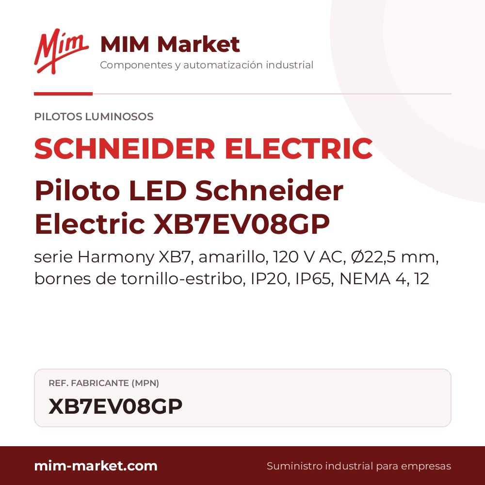 Piloto LED Schneider Electric XB7EV08GP – serie Harmony XB7, anaranjado, 120 V AC, Ø22,5 mm, bornes de tornillo-estribo, IP20, IP65, NEMA 4, 12
