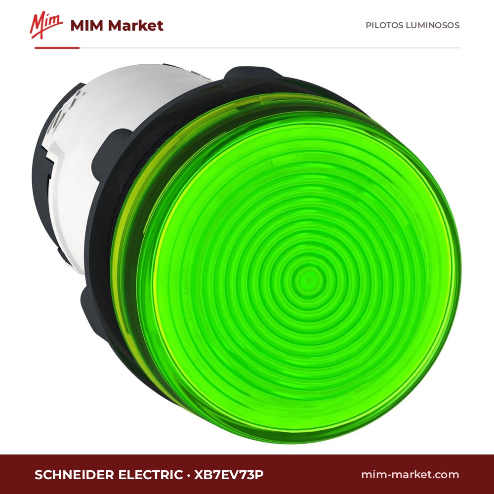 Piloto incandescente Schneider Electric XB7EV73P – serie Harmony XB7, verde, 230 V AC, Ø22,5 mm, faston 6,35 x 0,8 mm o bornes de tornillo-estribo, IP20, IP54, NEMA 12