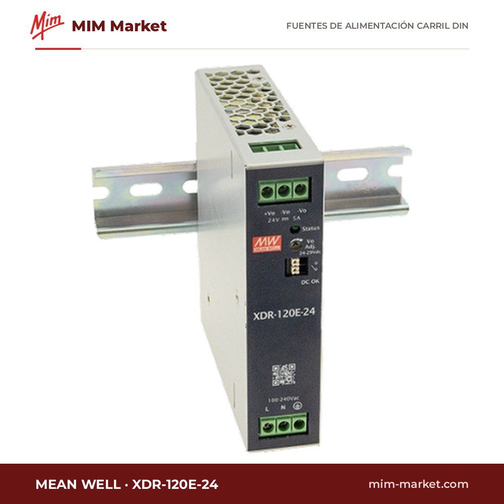 Fuente de alimentación carril DIN MEAN WELL XDR-120E-24 – 24 V dc, 1 salida 5 A a 24 V dc, 120 W