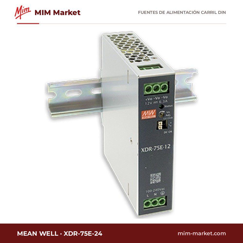 Fuente de alimentación carril DIN MEAN WELL XDR-75E-24 – 24 V dc, 1 salida 3.2 A a 24 V dc, 76.8 W