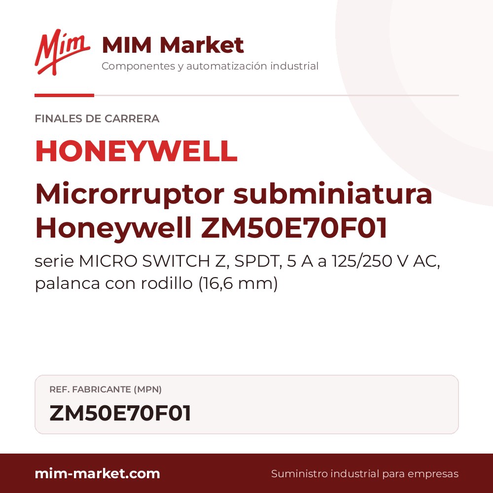 Microrruptor subminiatura Honeywell ZM50E70F01 – serie MICRO SWITCH Z, SPDT, 5 A a 125/250 V AC, palanca con rodillo (16,6 mm)
